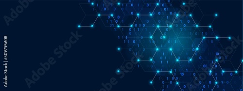 Vector neon information background frame. Computer technology design. Texture hexagons, circles, zeros, ones, dots, lines. Glow stars. Binary system. Digital network. Poster for technology, business.