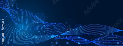 Neon background frame. Glow digital wave design. Information security. Texture of connection of lines, dots, zeros, ones. Binary system. Banner technology, business, logo, social networks. Vector.