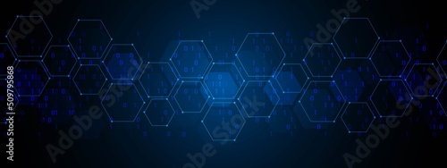 Neon technology background. Design chaotic communication network. Pattern connecting lines, dot, glow stars, zeros, ones, hexagon. Binary system. Poster presentations, business, logo, social networks.