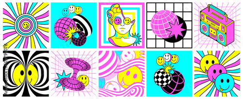 Psydub 90s psychedelic trippy stickers. Rave acid set of surreal backgrounds and trip square social media posts with fun surreal vortex geometry. Vector art and signs. Weird 90s style. photo