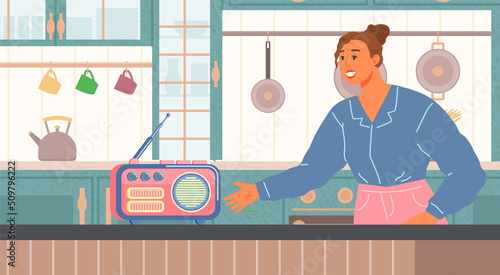 Daily routine of housewife vector illustration. Woman listens to podcast, news or music. Lady spends time in kitchen with radio. Girl listening to music on radio during cooking or cleaning home