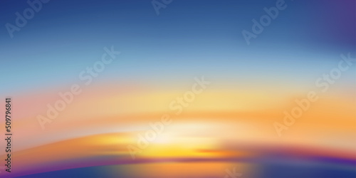 Sunset sky in evening with orange,yellow,purple colour, Dramatic twilight landscape duck sky with blue colour,Vector horizon banner romantic sunrise for Spring or Summer background, Panorama natural