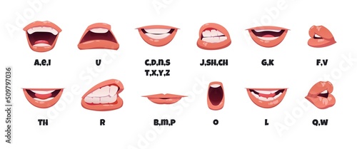 Lip sync animation. Cartoon character talking mouth, English sounds pronunciation and lips articulation, comic sprite kit. Vector lips in motion isolated collection