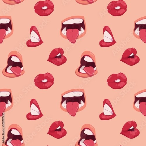 Cartoon mouth pattern. Seamless print of face expressions with opened and closed mouth, lips teeth and tongue. Vector texture