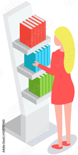 Woman looking at stand with books, brochures. Advertising company, promotion, distribution concept. Female choosing product catalogs, magazines. Lady near journal, literature exhibition on rack