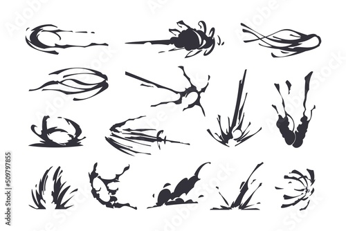 Comic speed effect. Cartoon fight explosion smash, hit, and impact game animation asset, jump run and and punch swirl trace. Vector dust puff clipart collection