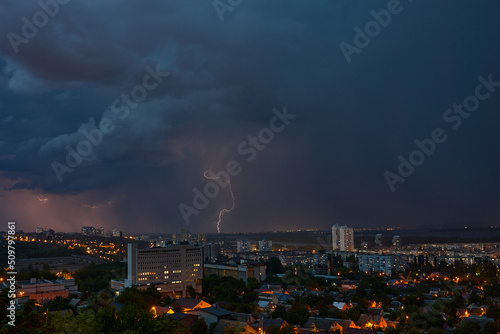 Lightning strikes at the city at night