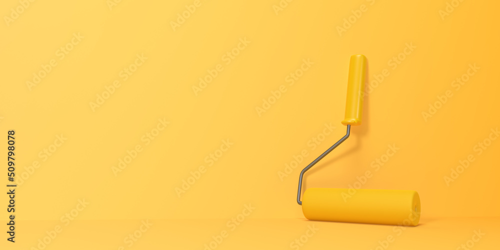 Yellow Paint Roller on a bright yellow background. Home renovation or painting template with copy space. 3D Rendering 3D Illustration Yellow Paint Roller on a bright yellow background. Home renovation or painting template with copy space. 3D Rendering 3D Illustration