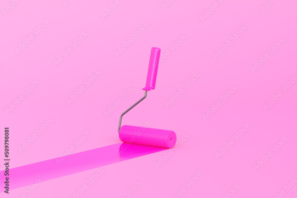 Pink Paint Roller with color trail over pink background. Home renovation or painting template with copy space. 3D Rendering 3D Illustration Pink Paint Roller with color trail over pink background. Home renovation or painting template with copy space. 3D Rendering 3D Illustration