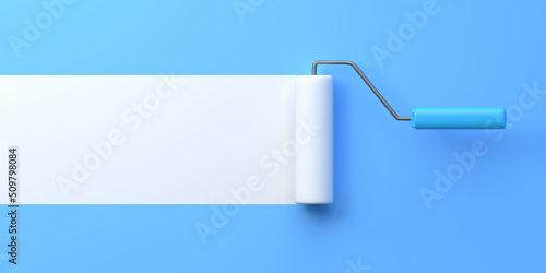 White Paint Roller with color trail over blue background. Home renovation or painting template with copy space. 3D Rendering 3D Illustration photo