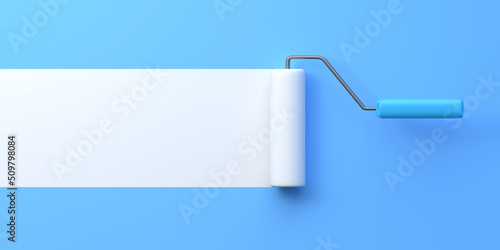 Fototapeta Naklejka Na Ścianę i Meble -  White Paint Roller with color trail over blue background. Home renovation or painting template with copy space. 3D Rendering 3D Illustration