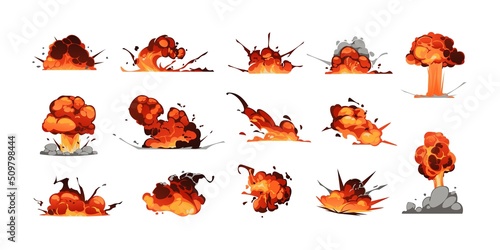 Comic explosion effect. Cartoon bomb blast and dynamite bang graphic with fire and smoke, game energy burst animation asset. Vector isolated set