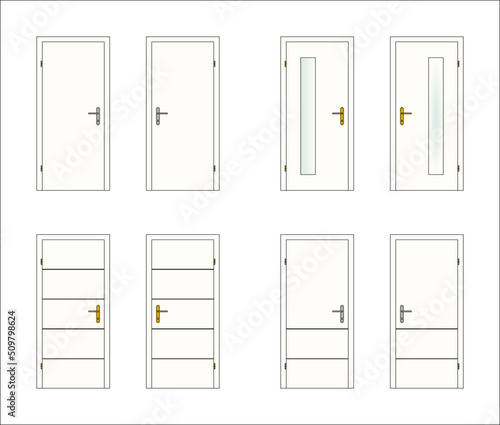8 doors, white, with glass, brass and metal door fittings, vector