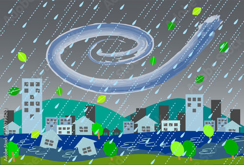 台風による街の河川の氾濫のイラスト