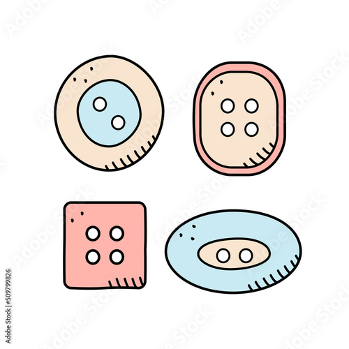 Set of icons buttons for clothes, vector doodle illustration accessories for sewing and needlework.