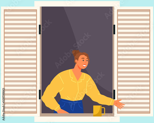 Young woman looking out of window with open shutters. Smiling girl sees view of street. Lady housewife spends time at home, relaxing looking out window. Happy female character outdoors on balcony
