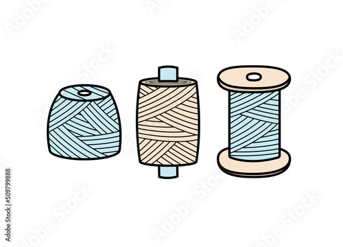 Set of sewing threads, a skein of woolen threads for knitting needlework, threads on a spool for a seamstress.