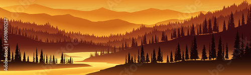 Landscape of mountains, pine forests and rivers, panorama.