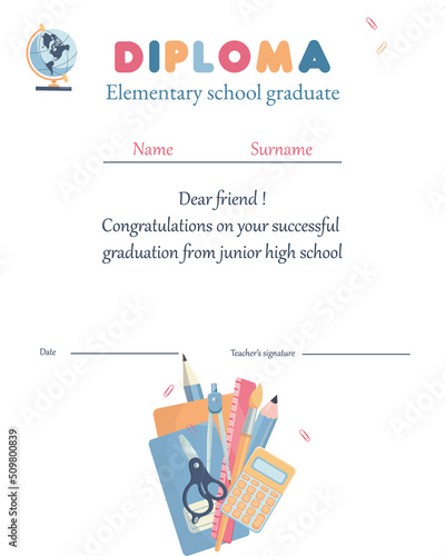 Elementary School Diploma Template.Printable.Vector