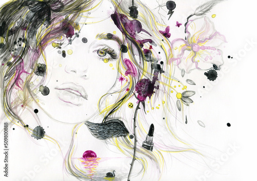 watercolor painting. abstract woman portrait. illustration. 