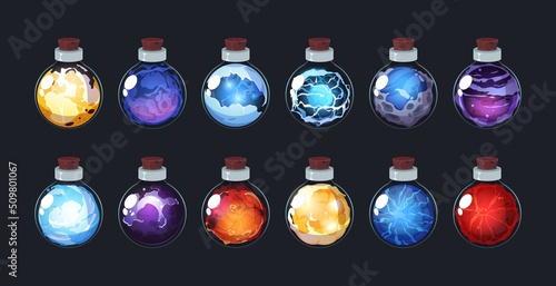 Game magic potion. Witchcraft mystery bottles with alchemy elixir, glass flask with poison and chemicals. Vector game interface asset, cartoon clipart sprite set