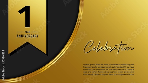 1st anniversary logo with golden ribbon for booklets, leaflets, magazines, brochure posters, banners, web, invitations or greeting cards. Vector illustration.