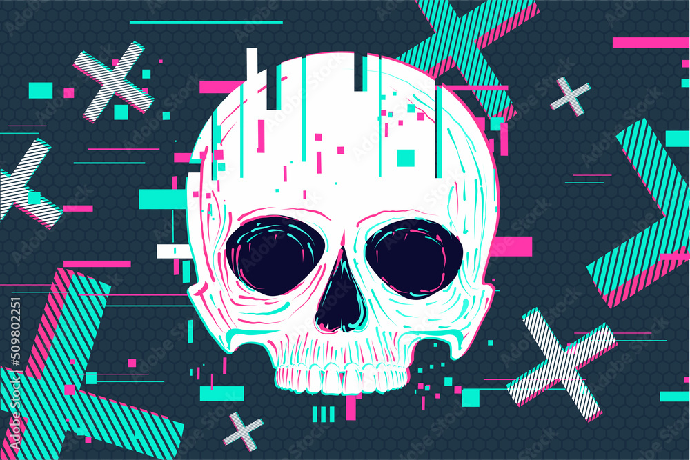 Glitch skull background. Game over concept with dead head. Cyber punk ...