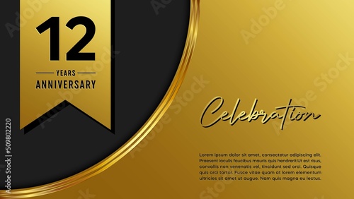 12th anniversary logo with golden ribbon for booklets, leaflets, magazines, brochure posters, banners, web, invitations or greeting cards. Vector illustration.