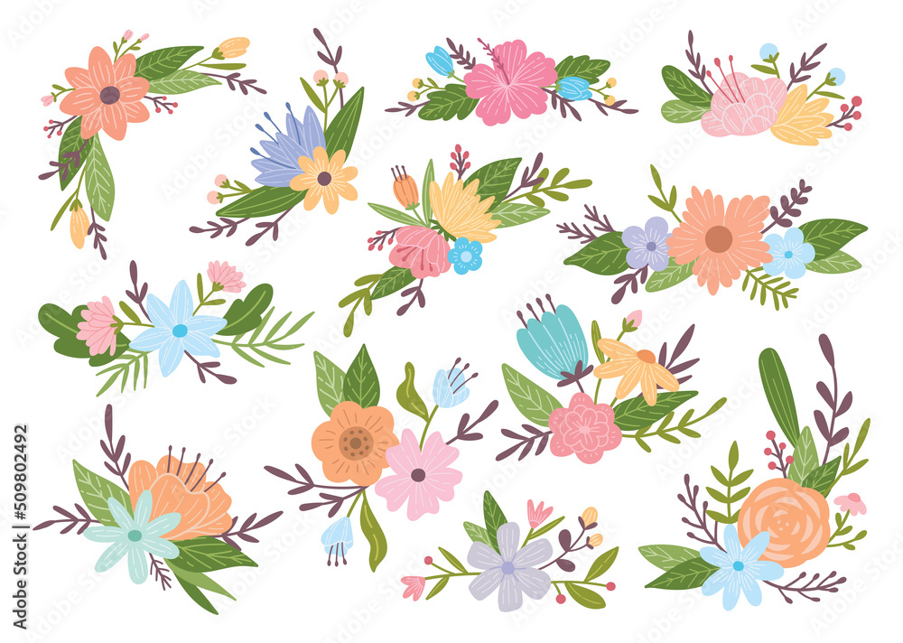 Obraz premium Set of Flower Arrangement in Doodle Style, Perfect for Wedding Design Element, Floral Vector Illustration