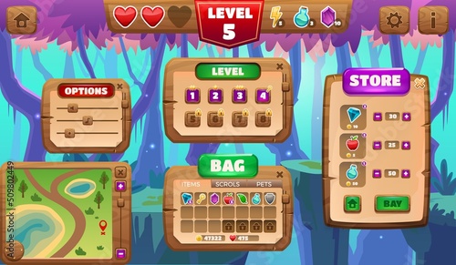 Cartoon game menu screen. Puzzle game background with interface elements, buttons icons menu panel scores and progress bar. Vector casual asset