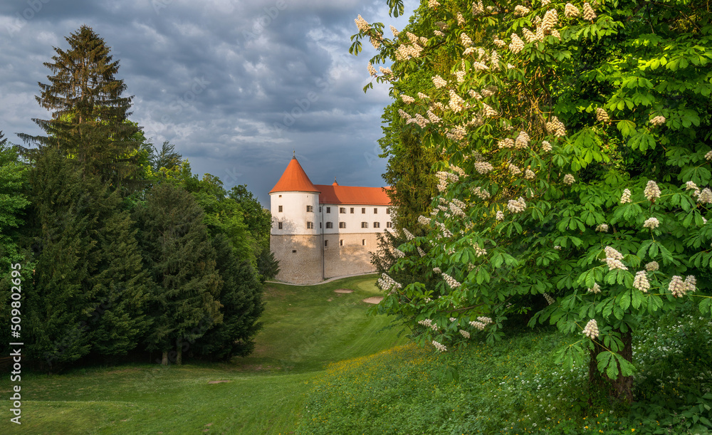 Castle Mokrice on a spring evening with dramatic clouds and forest. A fortress in the woods.
Castle Mokrice on a spring evening with dramatic clouds and forest. A fortress in the woods.