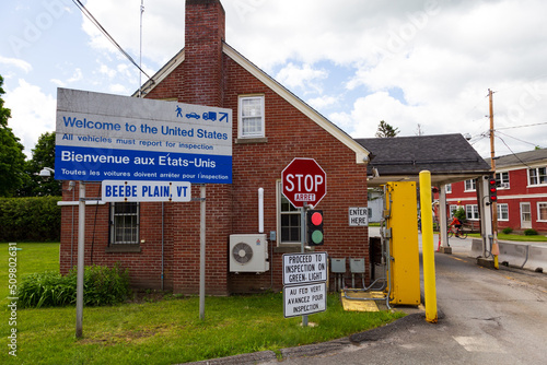 Small 1937 U.S. checkpoint station in stretch of border crossing in the middle of a small town on Canusa Street, Stanstead (Beebe Plain), Quebec, Canada