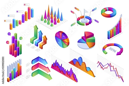 Isometric infographic. 3D diagrams, graphs, progress bars and charts, business and finance statistic and analytic. Vector presentation layout with abstract shapes