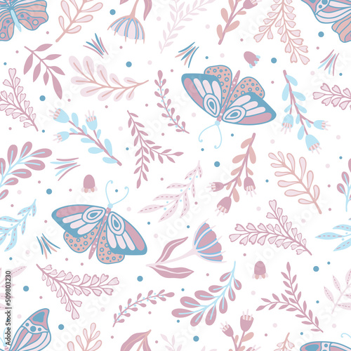 Floral seamless pattern with butterflies and different flowers