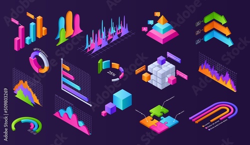 Dark isometric chart. 3d finance presentation layout with graphs charts diagrams and progress bars of volume figures. Vector business analytic graphic set