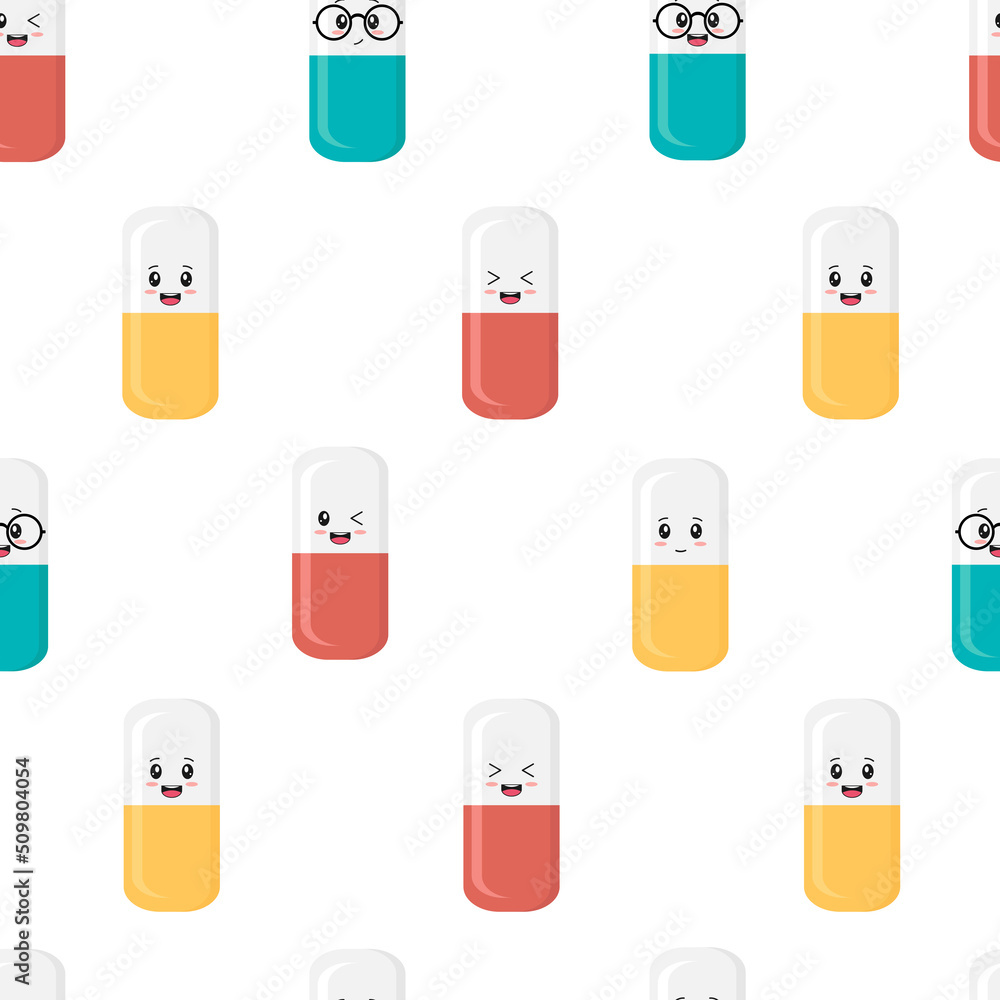 Medical seamless picture background with pills, medicines, kawaii style with smiley faces Medical seamless picture background with pills, medicines, kawaii style with smiley faces