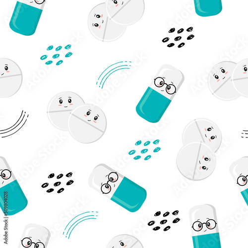 Medical seamless picture background with pills, medicines and capsules in kawaii style with smiley faces