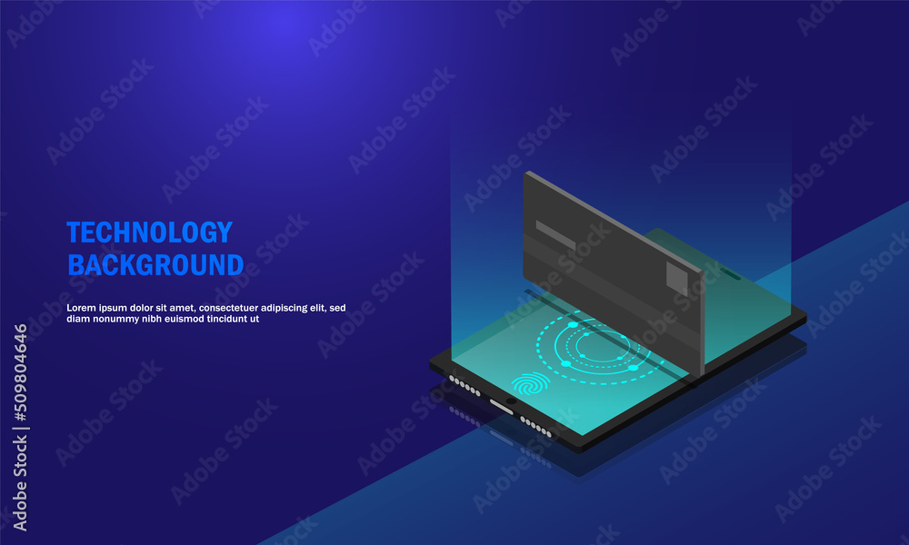 Smartphone device access with fingerprint system, credit card payment with touch. lock chain protect . isometric vector.