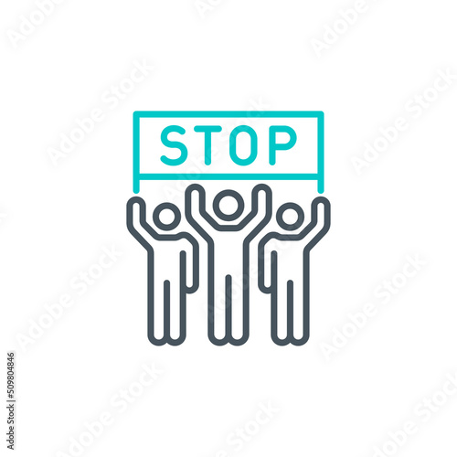 crowd of protesting activists at demonstrate single line icon isolated on white. Perfect outline symbol strike of group people against the war. rebels and insurgents element with editable Stroke line