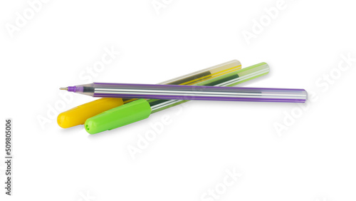 colored ballpoint pens isolated on white background.