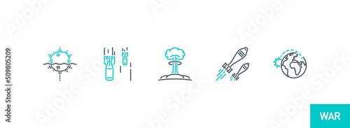 bombing with atomic aerial bombs line icon collection isolated on white. outline missile bombs avia attack symbols set. Nuclear bombing war banner. rocket bomb explosion element with editable stroke