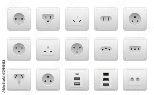 Realistic socket types. AC power wall socket mock up, USB hand drawnMI RG45 electric ports, European and American electricity sockets. Vector isolated set photo
