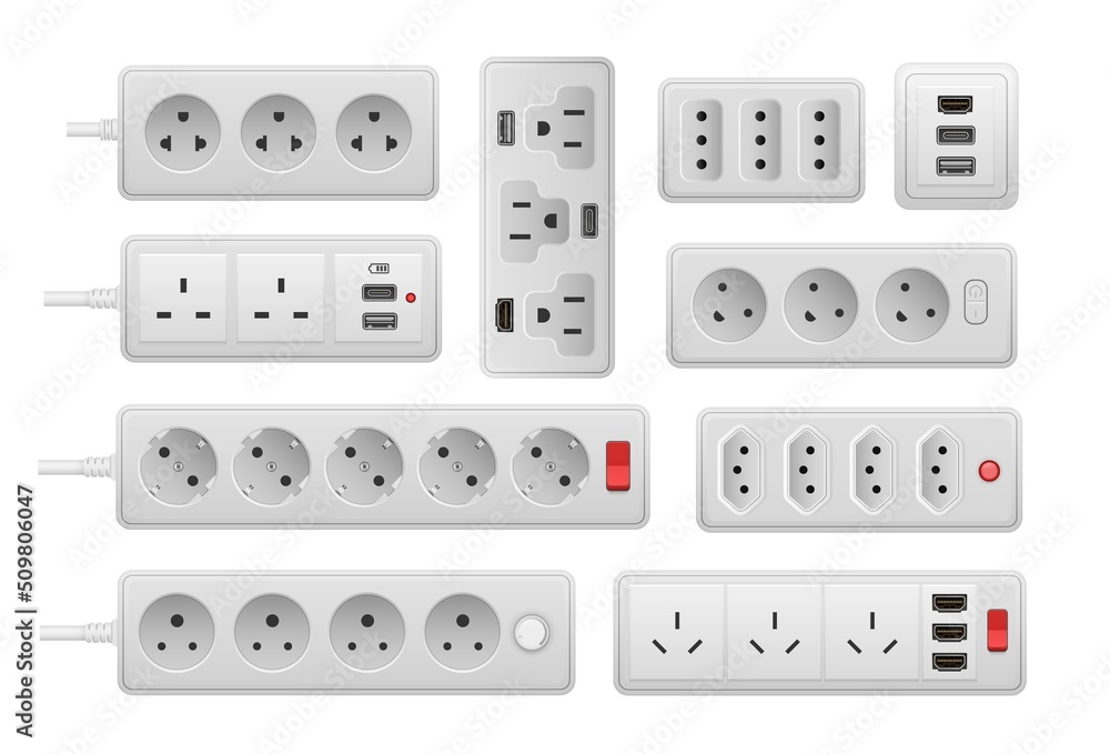 Power strip. Realistic electric wall socket extension, 3D AC current equipment with different ports connectors and cords. Vector set Power strip. Realistic electric wall socket extension, 3D AC current equipment with different ports connectors and cords. Vector set