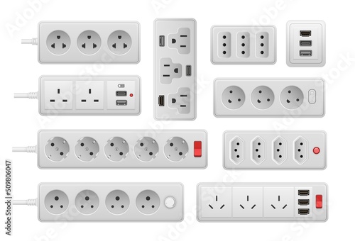 Power strip. Realistic electric wall socket extension, 3D AC current equipment with different ports connectors and cords. Vector set