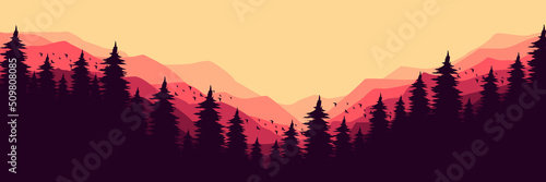 Fotografie, Obraz sunrise at mountain with pine tree silhouette flat design vector illustration go