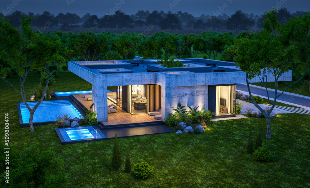 3d rendering of new concrete house in modern style with pool and parking for sale or rent and beautiful landscaping on background. Only one floor. Clear summer night with many stars on the sky. 3d rendering of new concrete house in modern style with pool and parking for sale or rent and beautiful landscaping on background. Only one floor. Clear summer night with many stars on the sky.