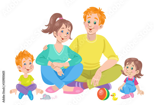 Happy family. Portrait of young parents with their little son and daughter sitting together on the floor. In cartoon style. Isolated on white background. Vector illustration