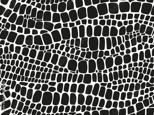 Vector seamless black and white pattern of snake and crocodile skin on an isolated white background. Stock texture of the animal. Fashion design, print on fabric wallpaper, website template design.