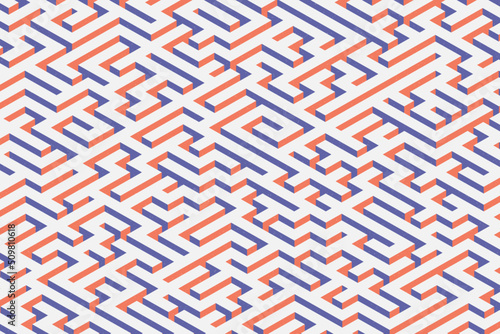 A trendy isometric maze is a complex way to find exit illustration in retro and vintage styles. Abstract pattern background with noise texture overlay