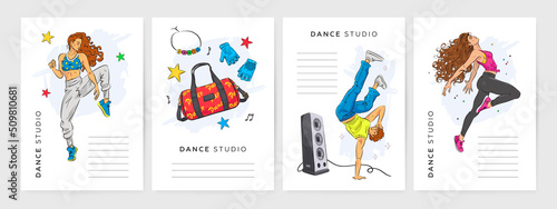 Hand drawn dance studio poster collection. Vector illustration of beautiful young dancing women and man	